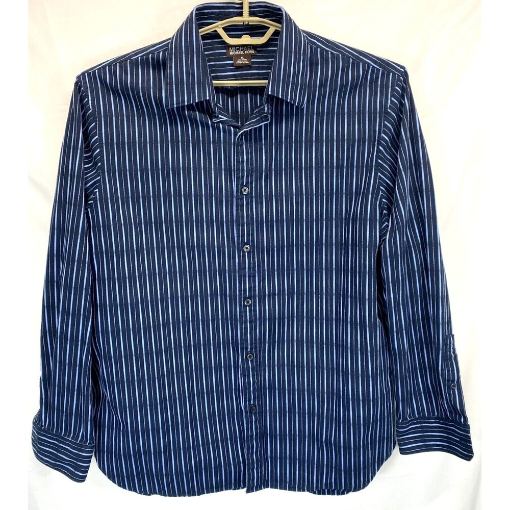 Michael Michael Kors XL (17.5x35) Blue Striped Long Sleeve Dress Shirt RN111818